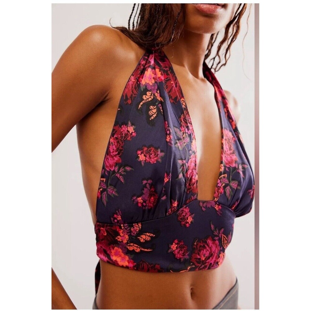 Free People Summer in Sicily Top Medium Halter Cropped Floral Satin Tie NWOT